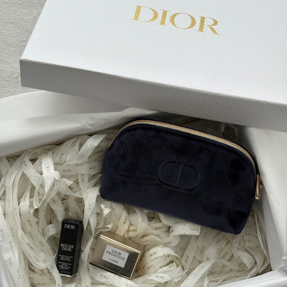 Dior Navy Velvet Beauty Pouch | Dior Prestige La Crème | Rouge Dior Lipstick - Picture 9 of 9
